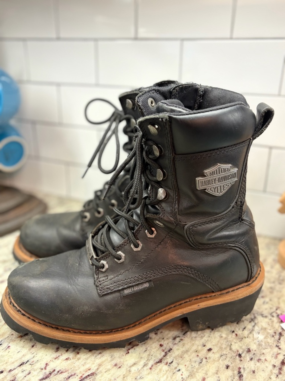 Harley-Davidson Black with Brown Trim Leather Biker Boots